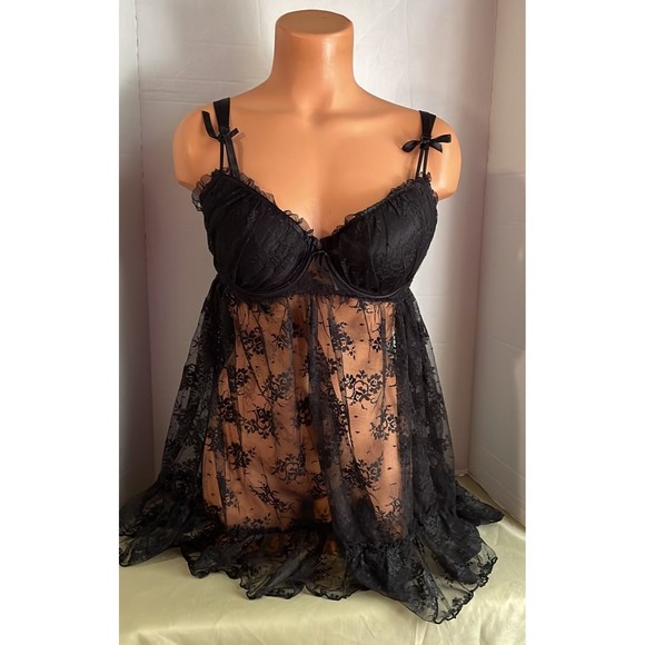 None Other - Black PEEK A BOO lacie babydoll negligee nightgown chemise Lingerie 2XL